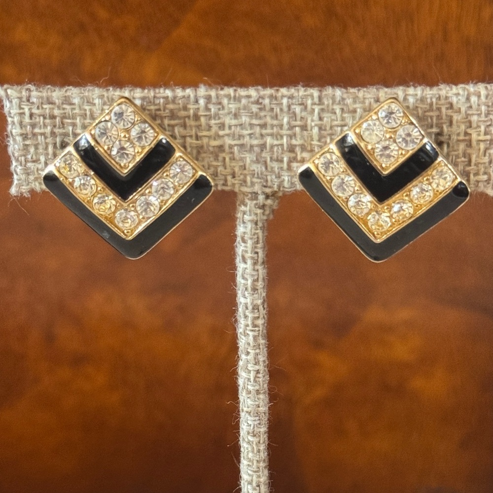 Vintage Banana Bob Crystal and Black Enamel and Gold Clip-On Earrings
